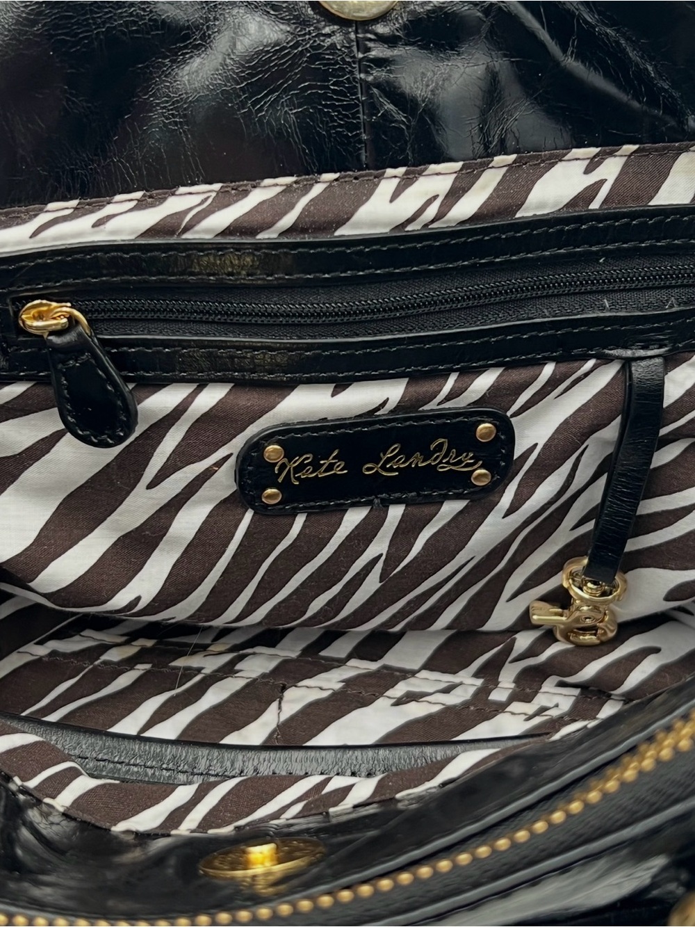 Vintage Kate Landry Black Glossy Leather Satchel Y2K Zebra Lined Shoulder Bag - Picture 4 of 8
